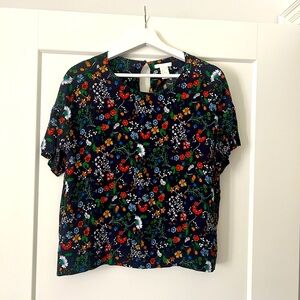 H&M Navy Blue with Floral Short Sleeve Blouse